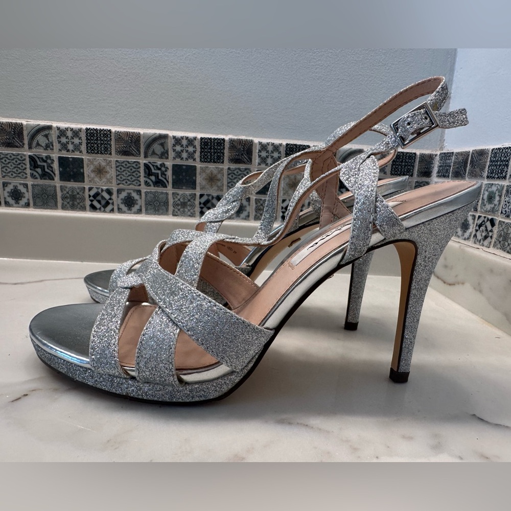 Nina silver strappy high heel evening wear sandals 8 sparkling cage